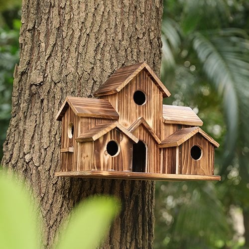 Weatherproof Wooden Birdhouse with 6 Entrances for Wild Birds