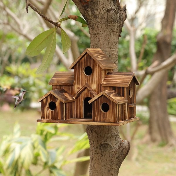Weatherproof Wooden Birdhouse with 6 Entrances for Wild Birds