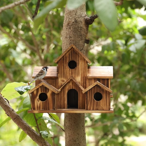 Weatherproof Wooden Birdhouse with 6 Entrances for Wild Birds