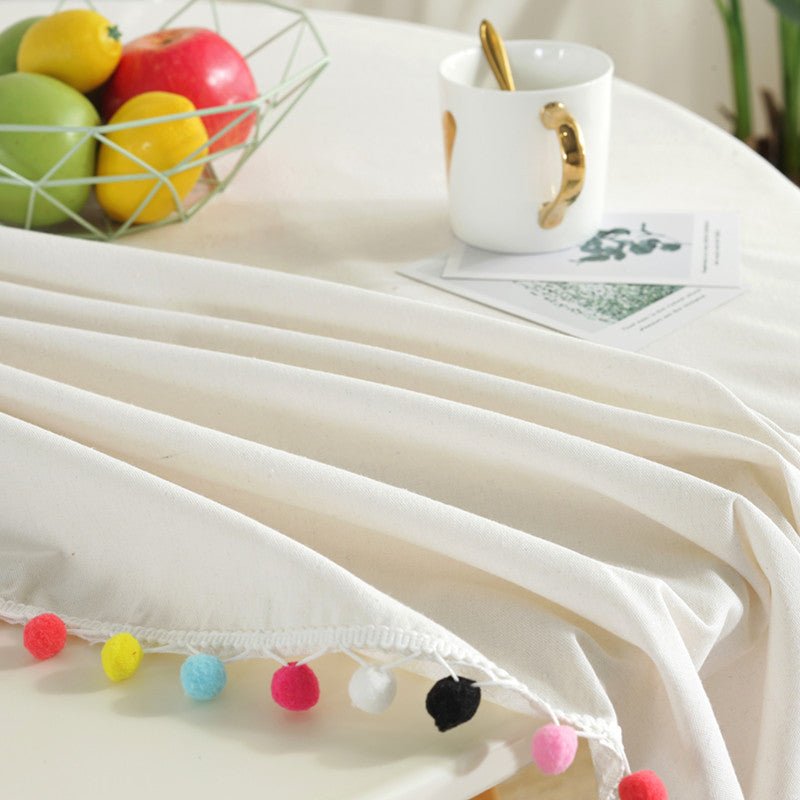 Cotton Fiesta White Tablecloth with Pompom Edge