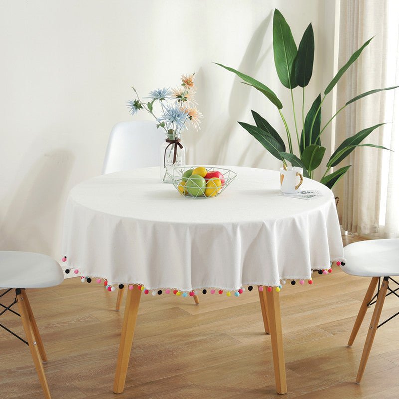 Cotton Fiesta White Tablecloth with Pompom Edge