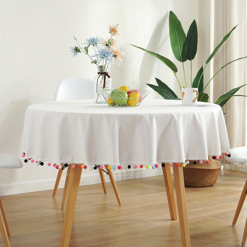 100% Cotton Fiesta White Tablecloth with Pompom Edge