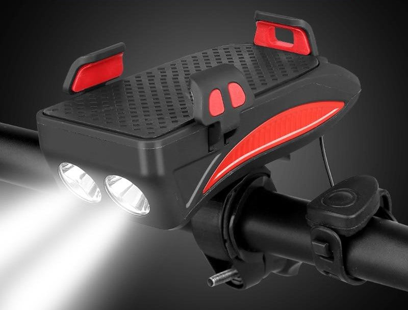 4-in-1 Bike Handlebar Gadget with Phone Holder, LED Light, Power Bank, and Horn