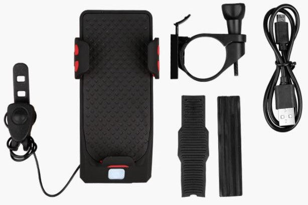 4-in-1 Bike Handlebar Gadget with Phone Holder, LED Light, Power Bank, and Horn