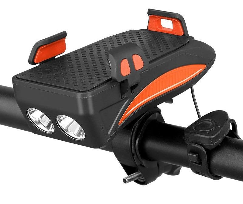 4-in-1 Bike Handlebar Gadget with Phone Holder, LED Light, Power Bank, and Horn