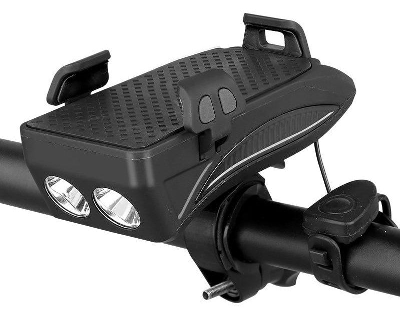 4-in-1 Bike Handlebar Gadget with Phone Holder, LED Light, Power Bank, and Horn