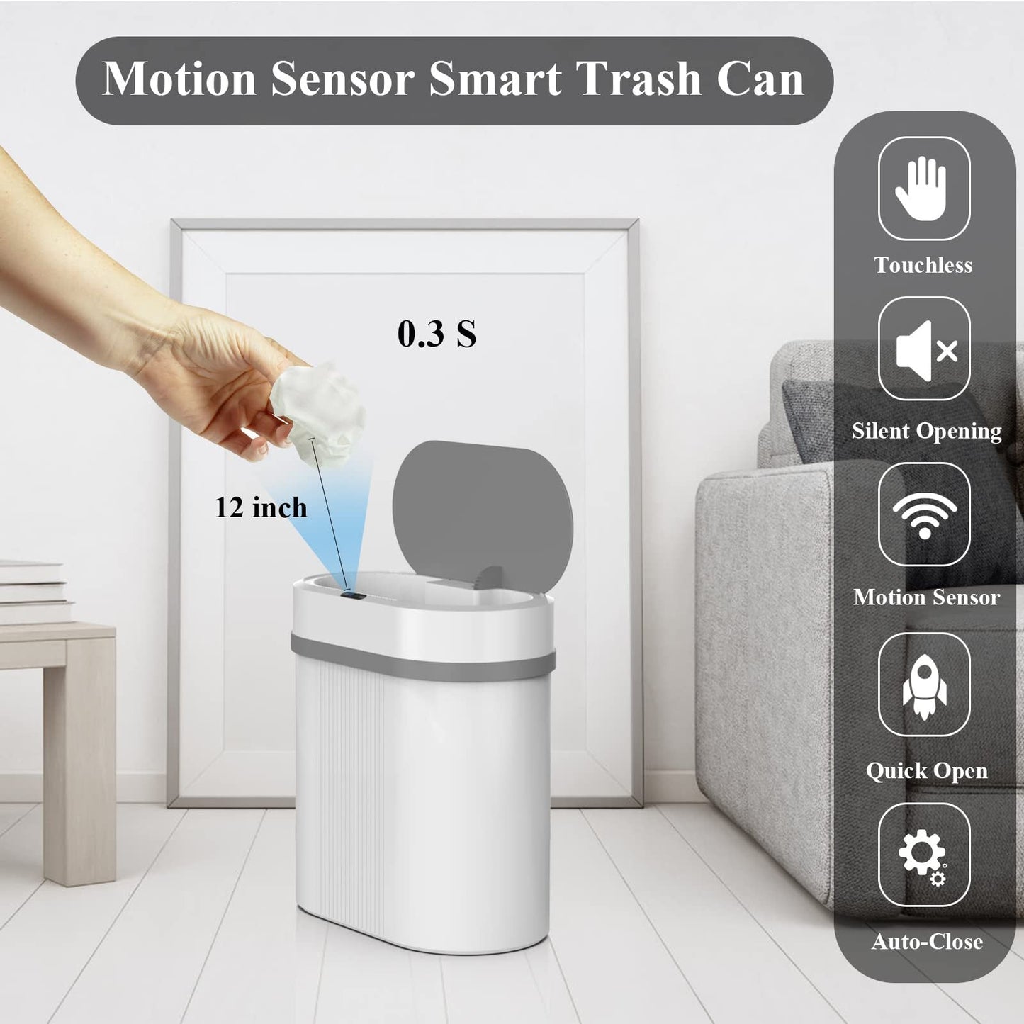 Hands-Free Motion Sensor Trash Bin - Waterproof 2.8 Gallon Odor-Resistant Design
