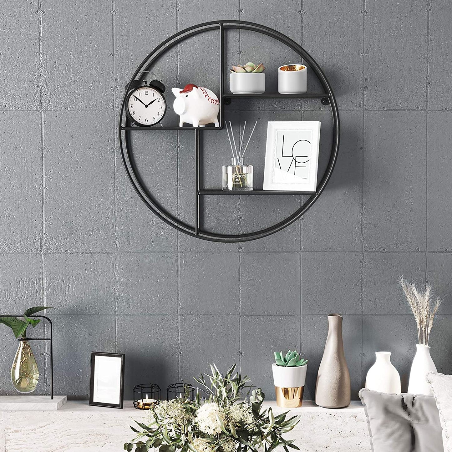 Floating Round Metal Wall Shelf with Wire Shelves