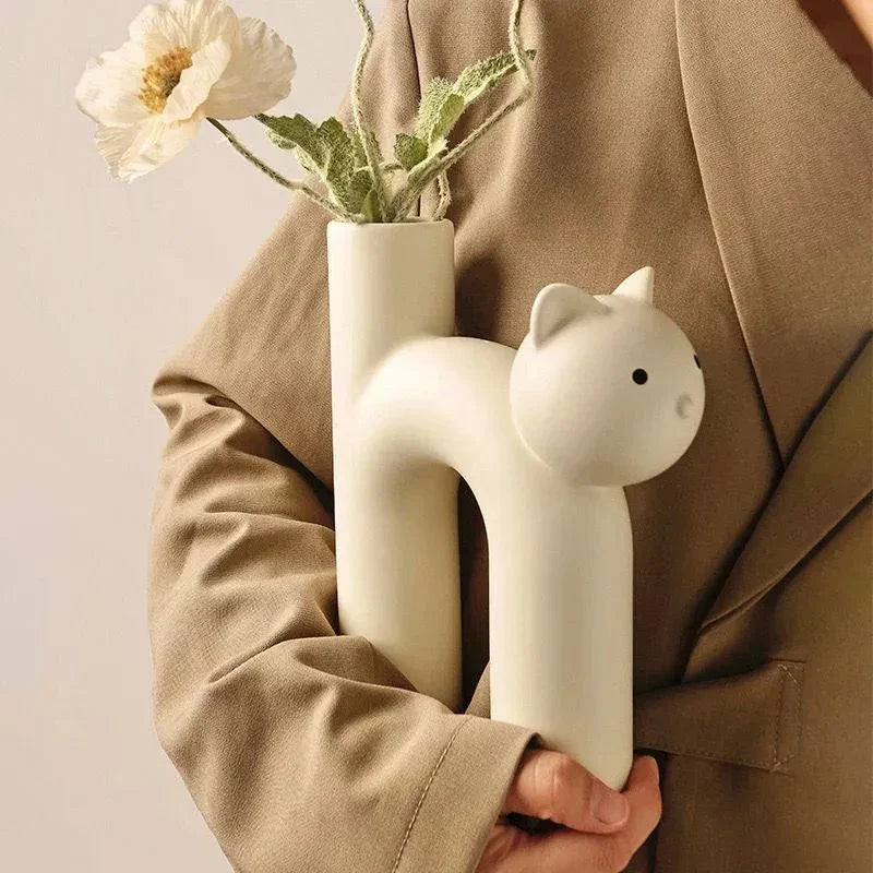 Matte Ceramic Kitten Flower Vase