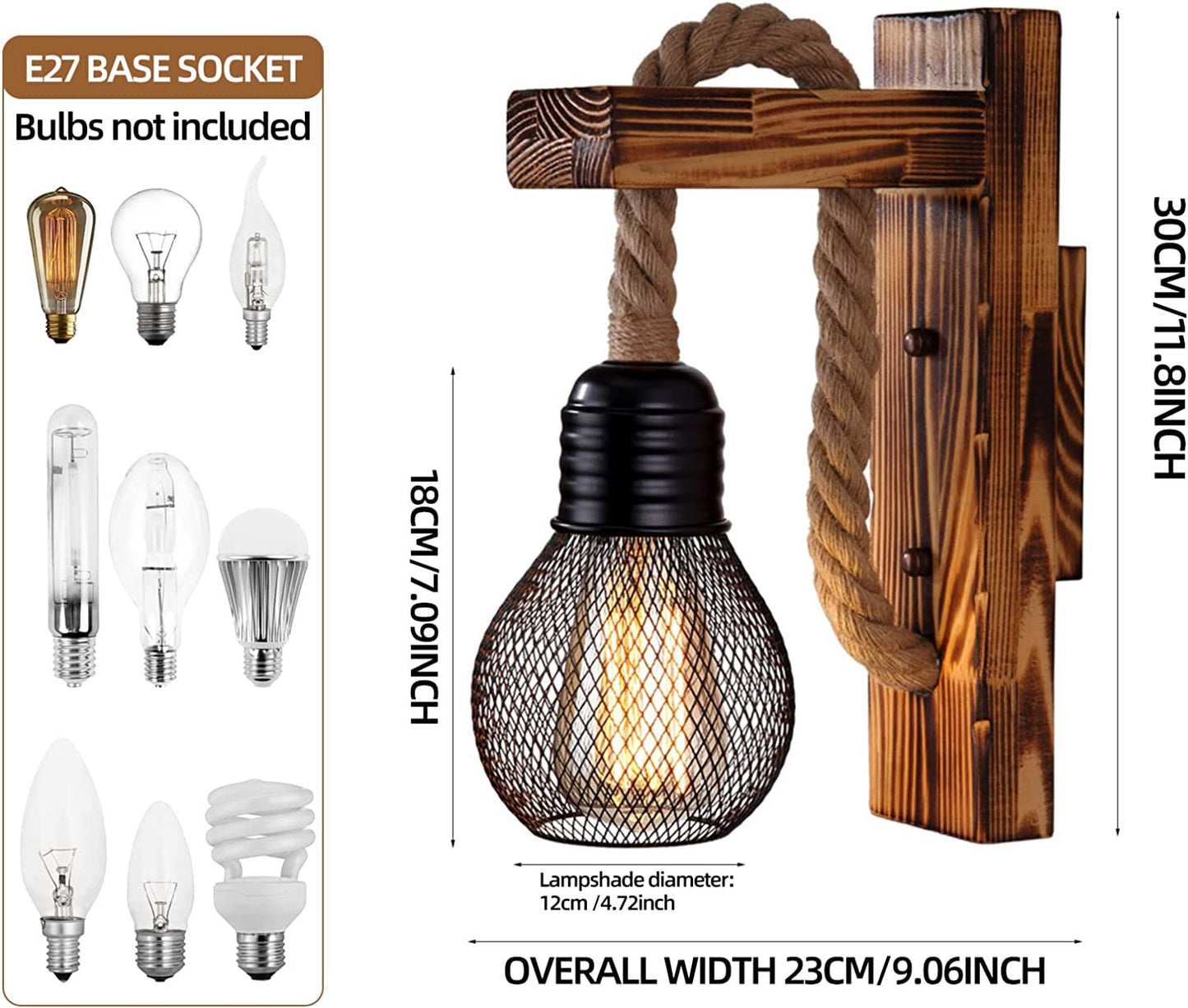 Hemp Rope Industrial Wall Lamp with Wooden Base