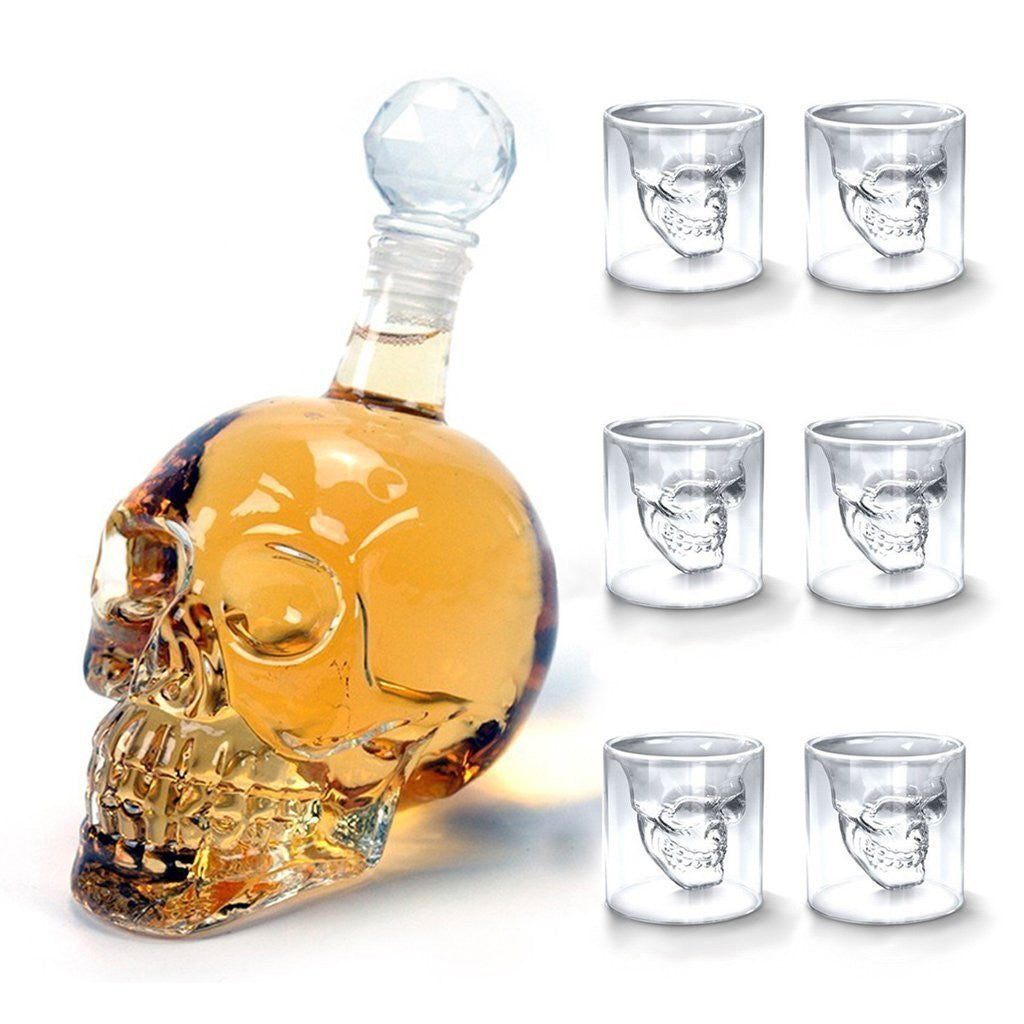 Skull Decanter with 6 Crystal Shot Glasses
