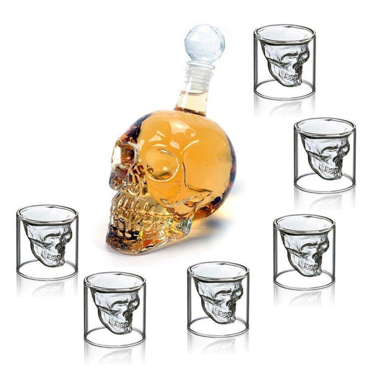 Skull Decanter with 6 Crystal Shot Glasses