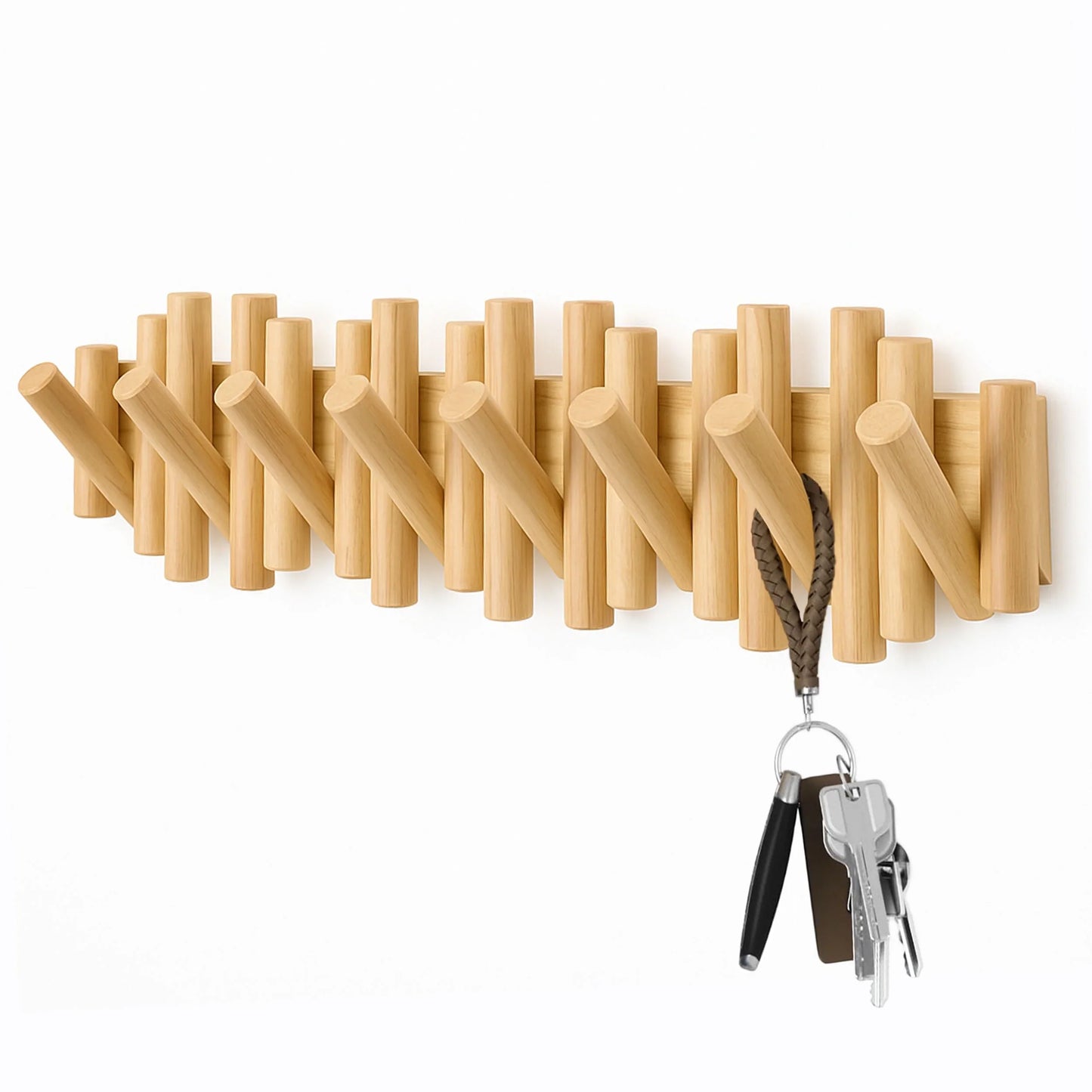 Wall-Mounted Beech Wood Coat Rack with Fold-Down Hooks