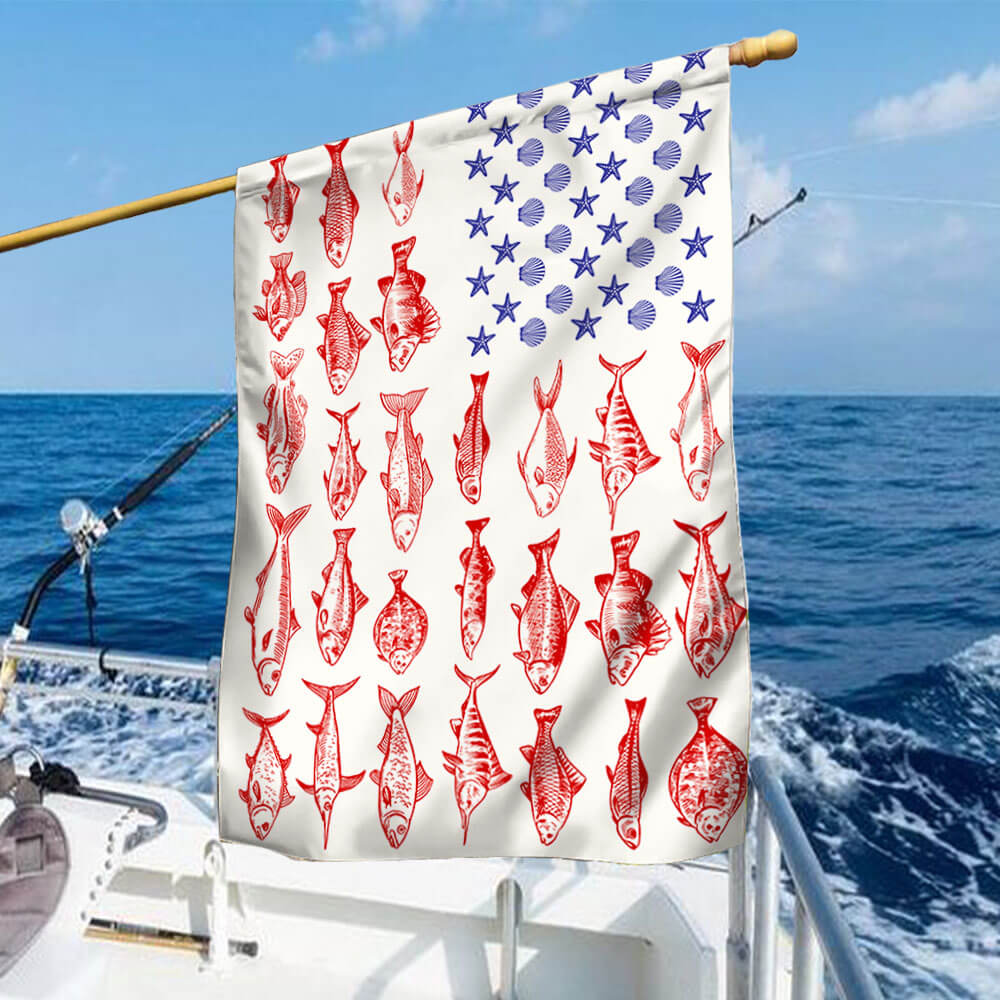 Fish & Sea Shells American Flag - Nautical Summer Decor for Independence Day