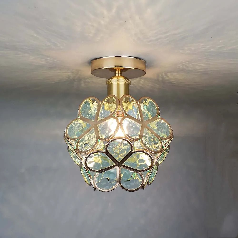 Floral Glass Hall Lamp with Golden Accents