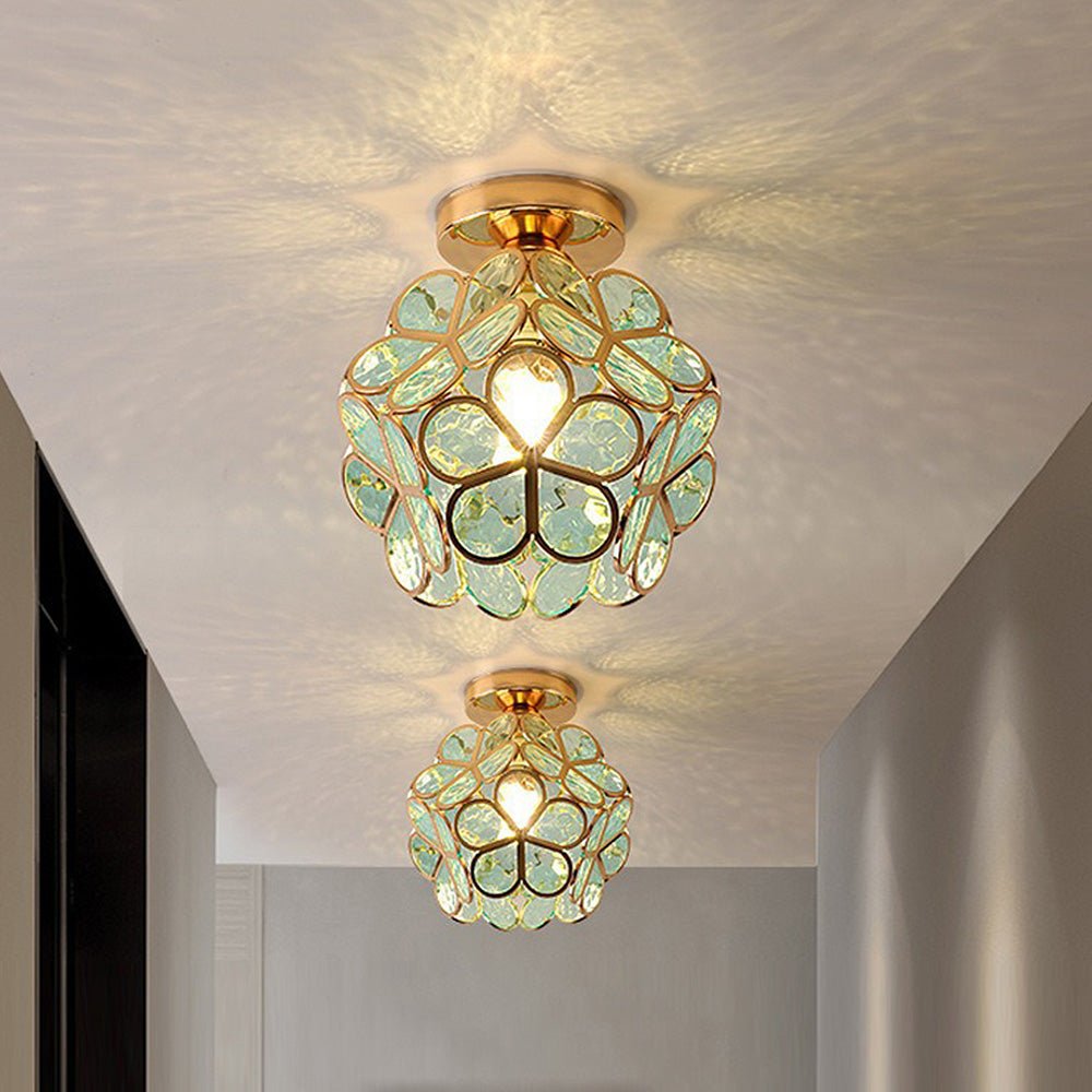 Floral Glass Hall Lamp with Golden Accents