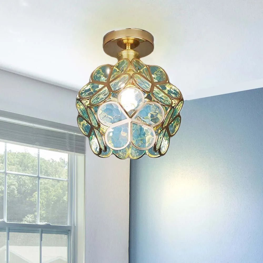 Floral Glass Hall Lamp with Golden Accents