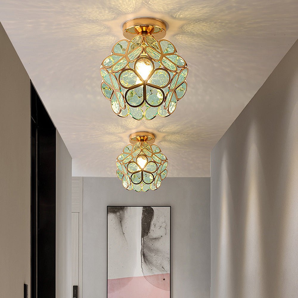 Floral Glass Hall Lamp with Golden Accents