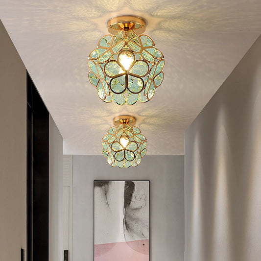 Floral Glass Hall Lamp with Golden Accents