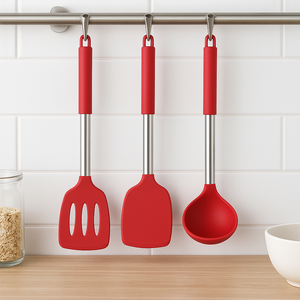 Silicone Kitchen Utensil Set with Stainless Steel Handles - 3 Piece