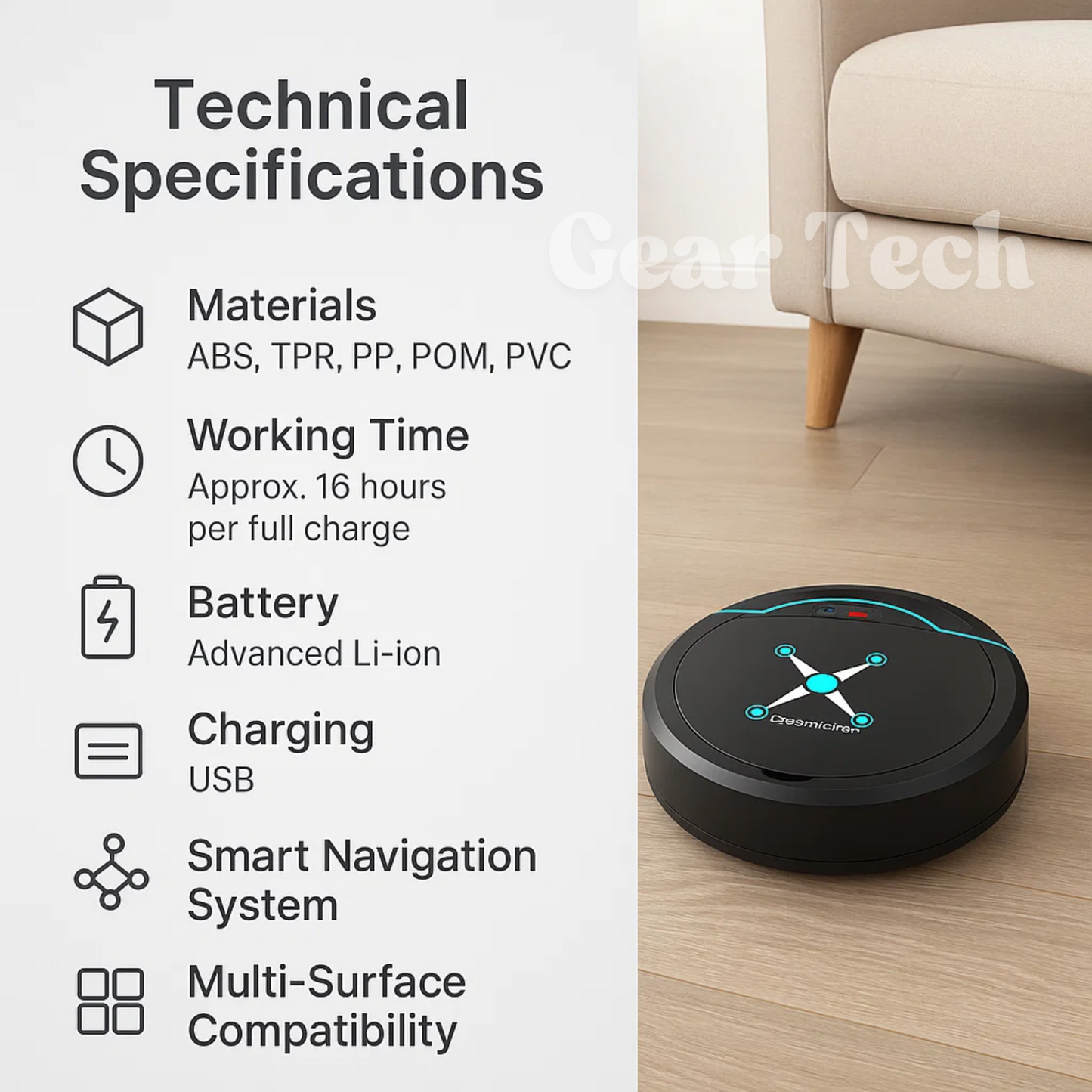 Robot Vacuum Cleaner with Sweeping, Mopping, and Smart Navigation