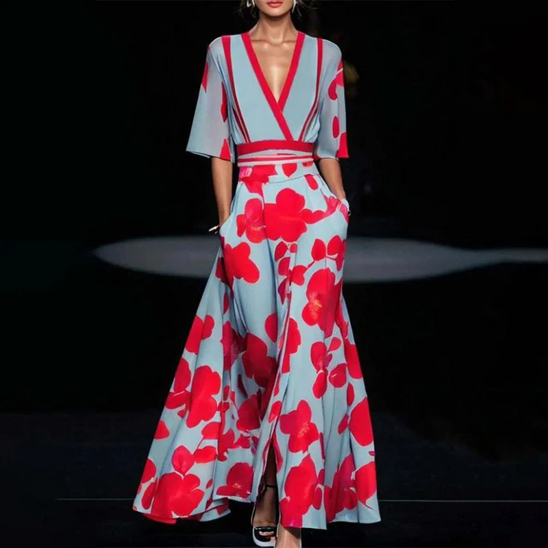 Floral A-Line Maxi Dress in Satin Jersey
