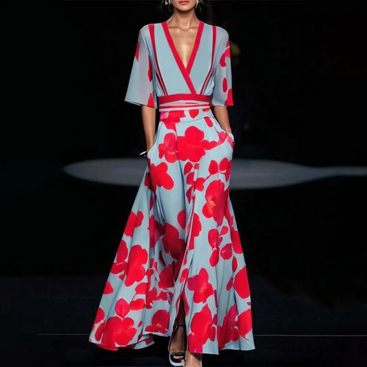Floral A-Line Maxi Dress in Satin Jersey
