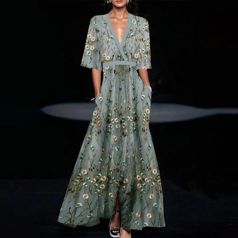 Floral A-Line Maxi Dress in Satin Jersey