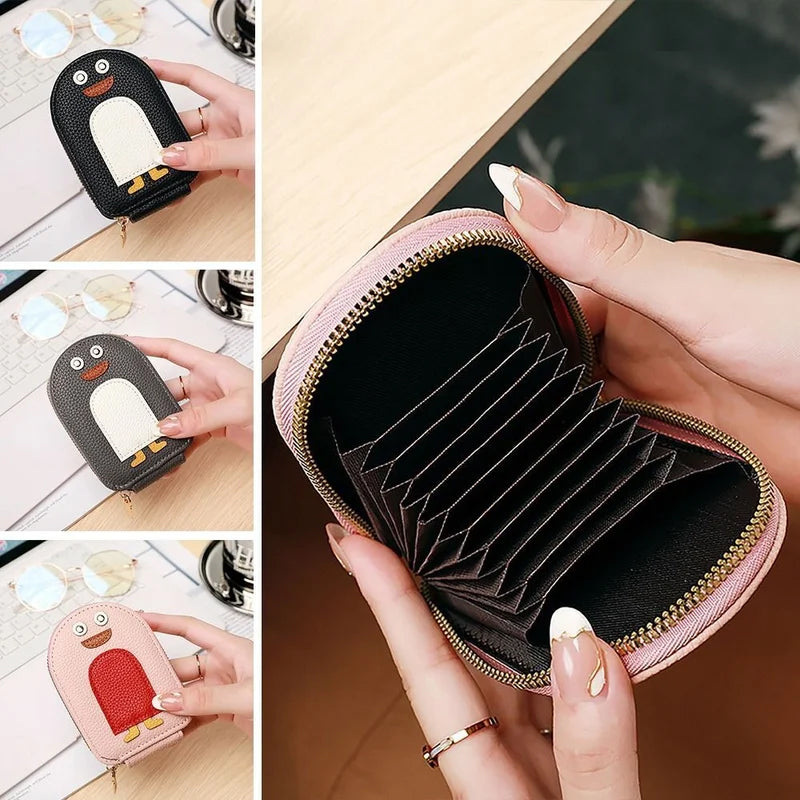 PU Leather Zipper Accordion Wallet for Credit Cards with Cute Penguin Design