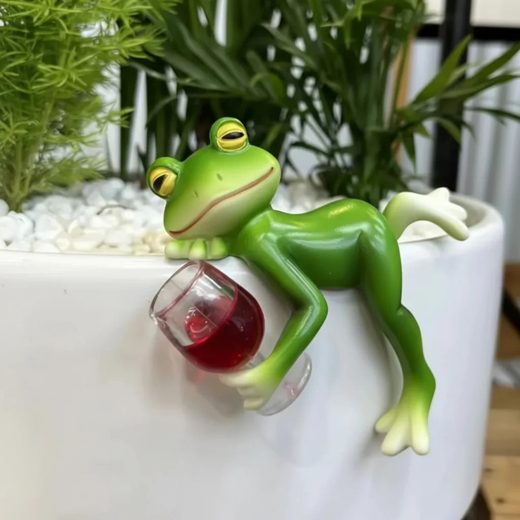 Frog Plant Display Ornament with Wine Glass for Pot Edge Decor