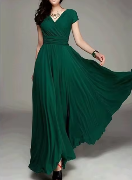 Bohemian Long Evening Dress with V-Neckline