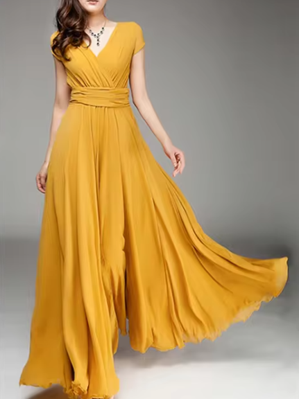 Bohemian Long Evening Dress with V-Neckline