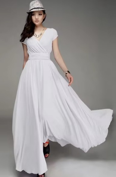 Bohemian Long Evening Dress with V-Neckline