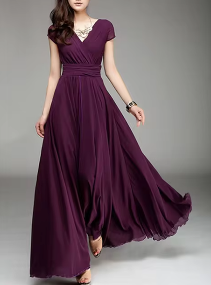 Bohemian Long Evening Dress with V-Neckline