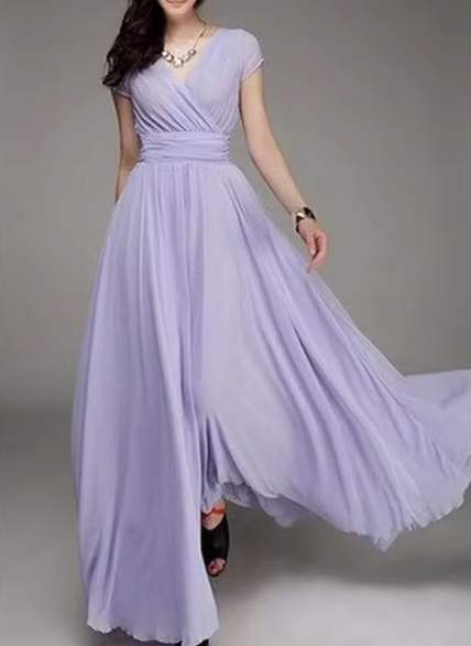 Bohemian Long Evening Dress with V-Neckline