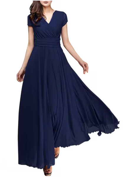 Bohemian Long Evening Dress with V-Neckline