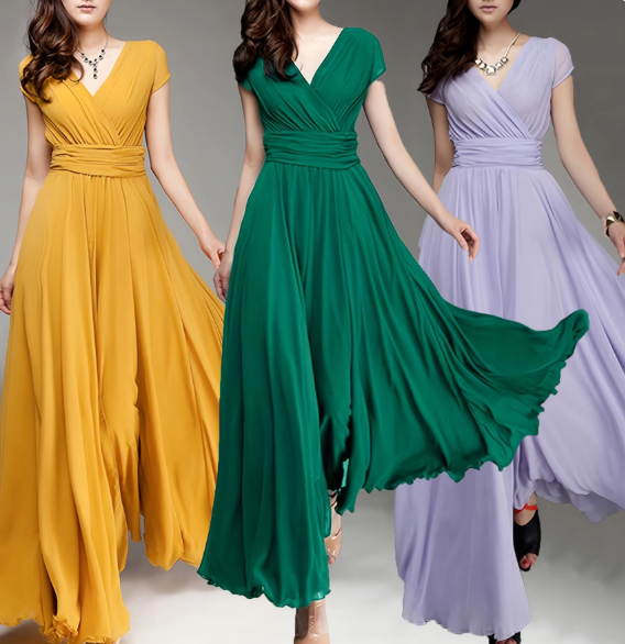 Bohemian Long Evening Dress with V-Neckline