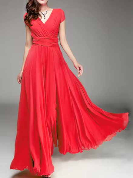 Bohemian Long Evening Dress with V-Neckline