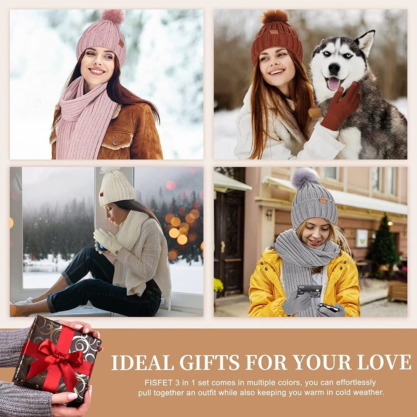 Warm Winter Hat Scarf and Touchscreen Gloves Set