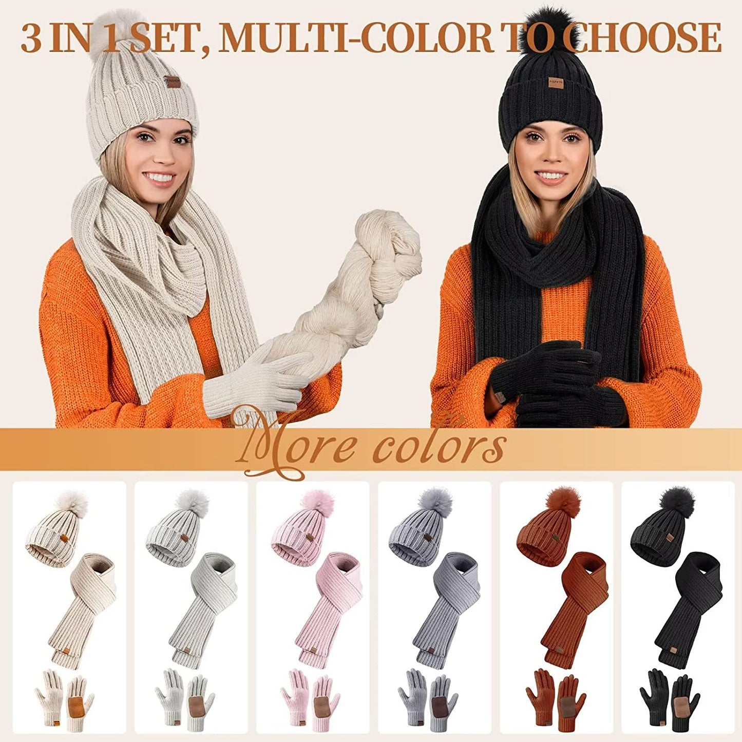 Warm Winter Hat Scarf and Touchscreen Gloves Set