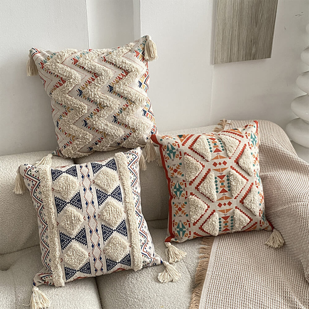 Moroccan Decorative Throw Pillow with Tassels and Tufted Texture
