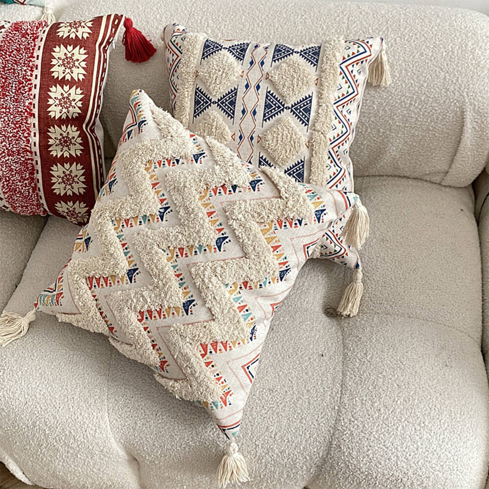 Moroccan Decorative Throw Pillow with Tassels and Tufted Texture