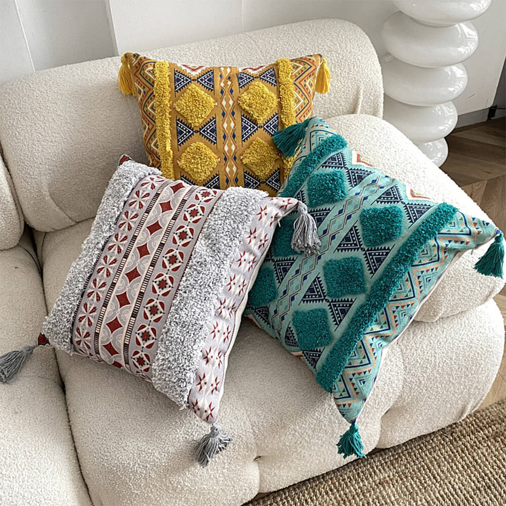 Moroccan Decorative Throw Pillow with Tassels and Tufted Texture