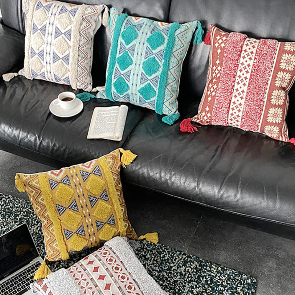 Moroccan Decorative Throw Pillow with Tassels and Tufted Texture