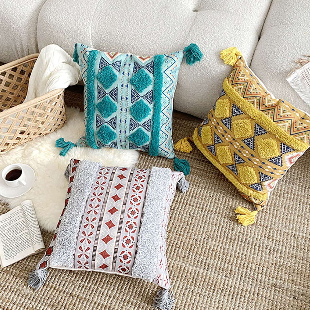 Moroccan Decorative Throw Pillow with Tassels and Tufted Texture