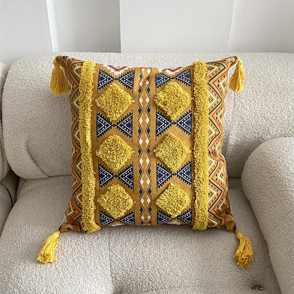 Moroccan Decorative Throw Pillow with Tassels and Tufted Texture