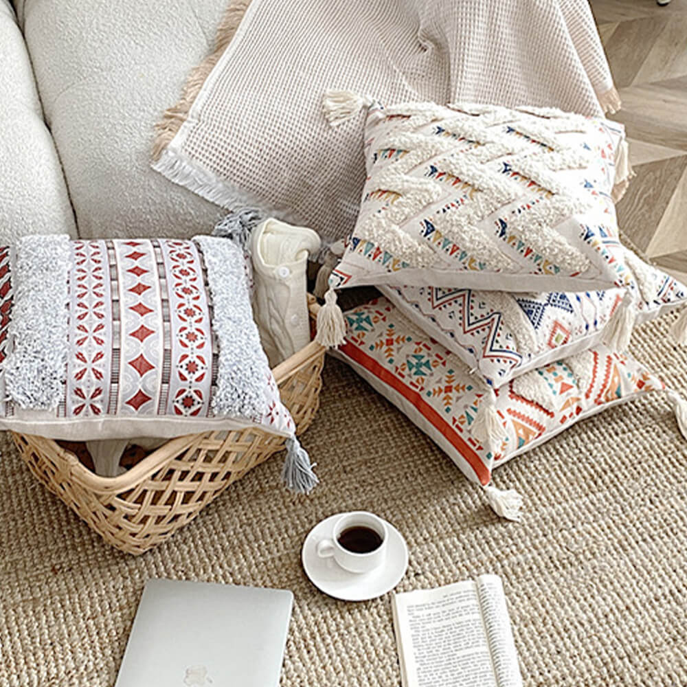 Moroccan Decorative Throw Pillow with Tassels and Tufted Texture