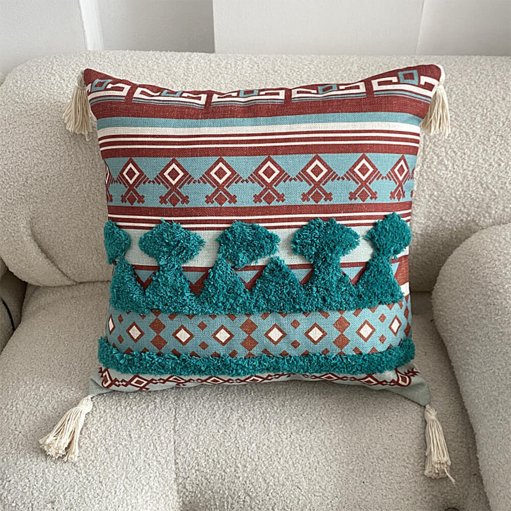 Moroccan Decorative Throw Pillow with Tassels and Tufted Texture