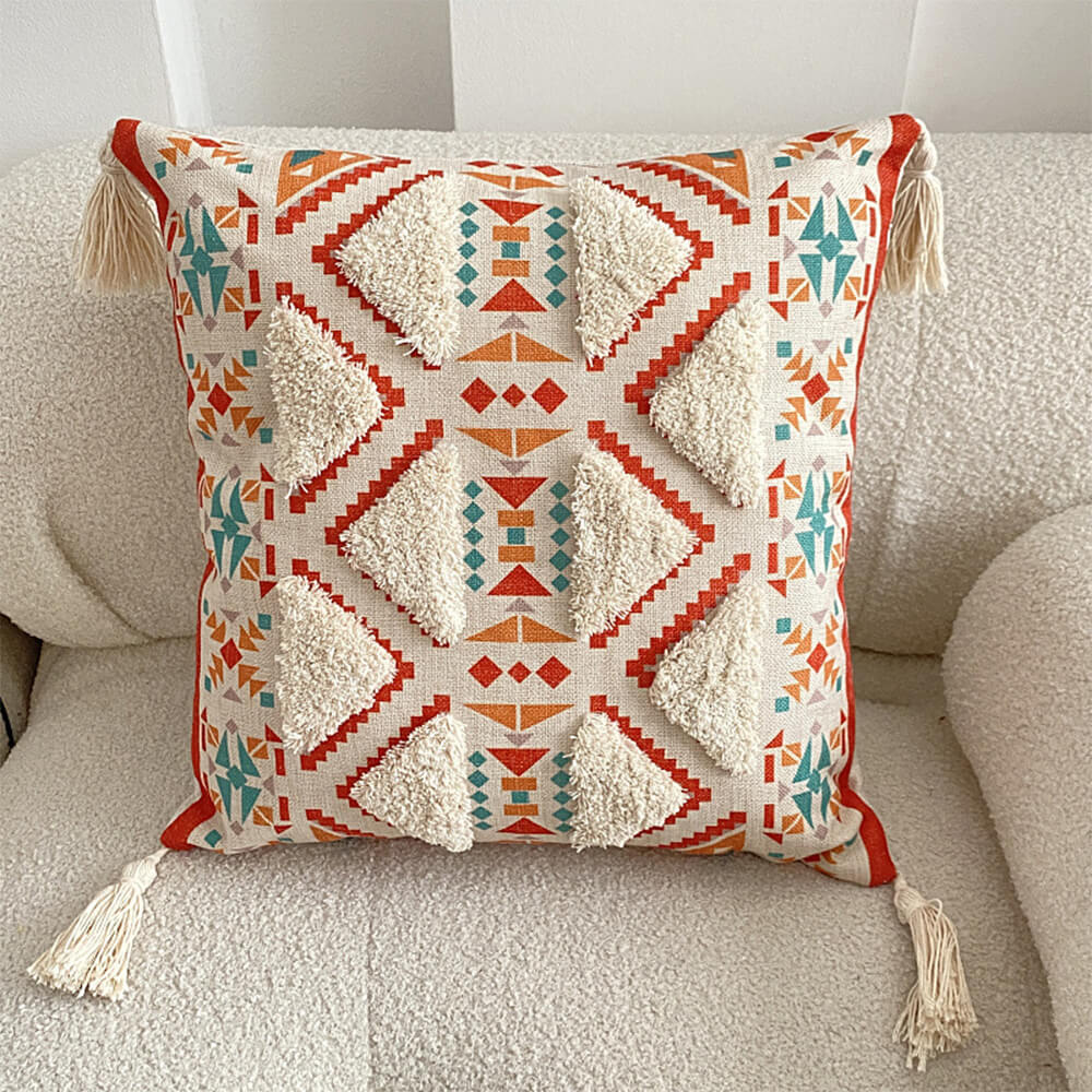 Moroccan Decorative Throw Pillow with Tassels and Tufted Texture