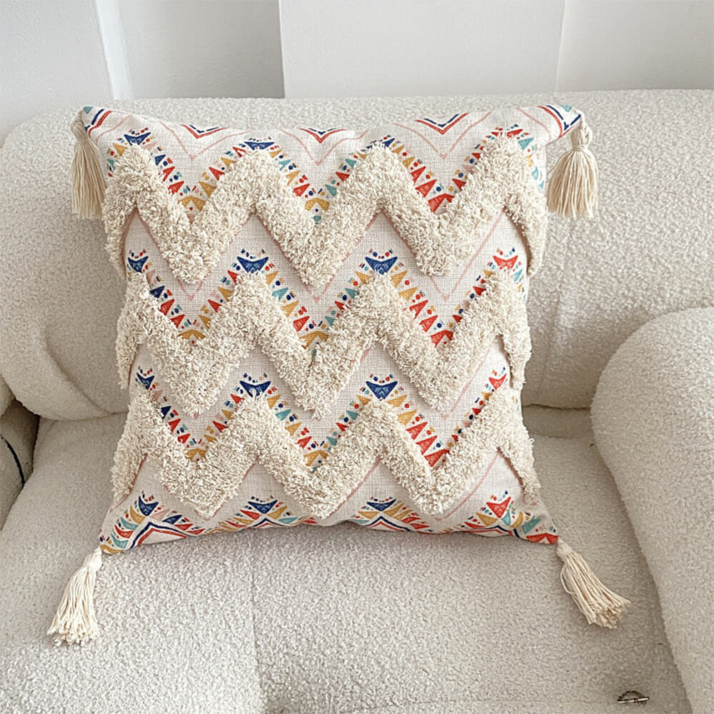 Moroccan Decorative Throw Pillow with Tassels and Tufted Texture